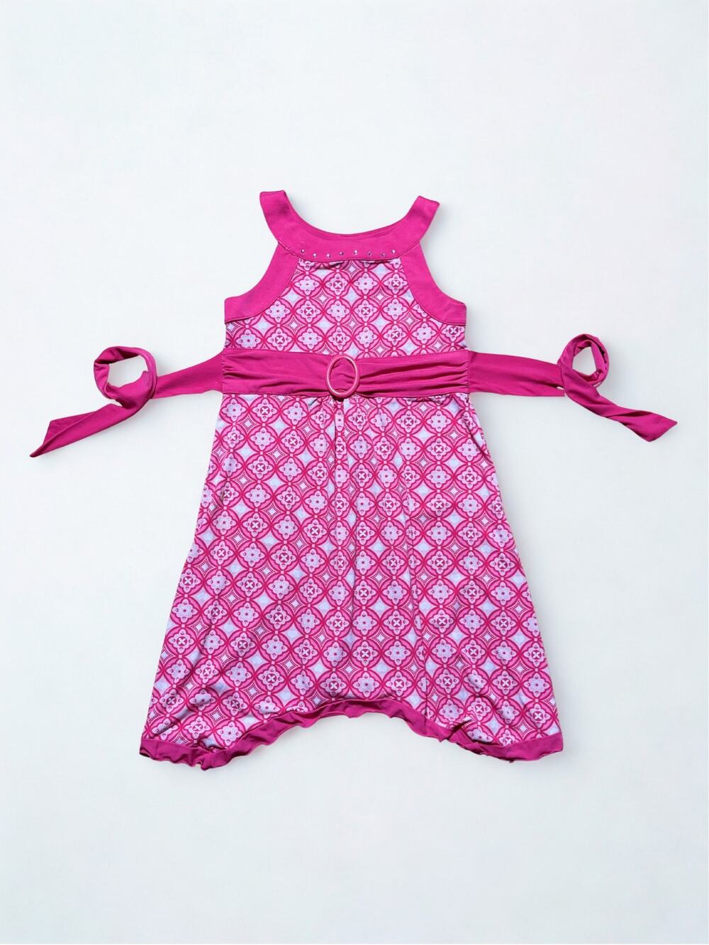 Vtg Y2K Basic Editions Pink Tile Print Bedazzled Tieback Babydoll Dress Top